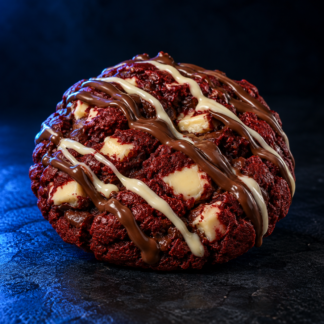 Thick red velvet cookie with white and milk chocolate drizzle