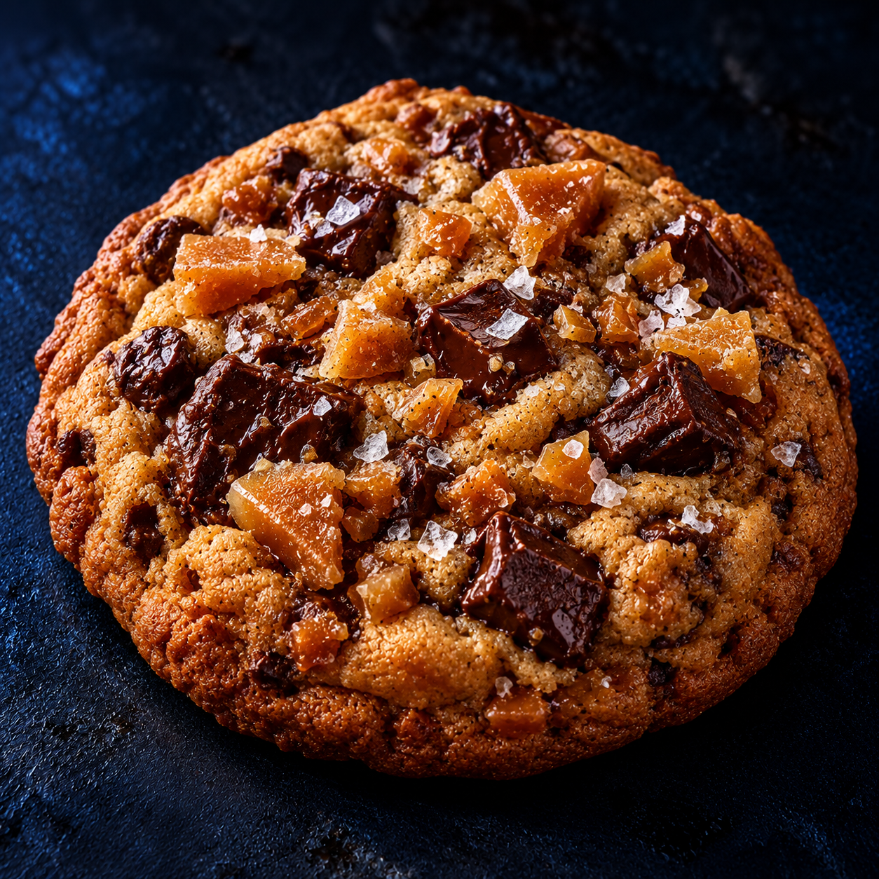 Salted chocolate chip cookie with visible golden toffee chunks and flaky sea salt